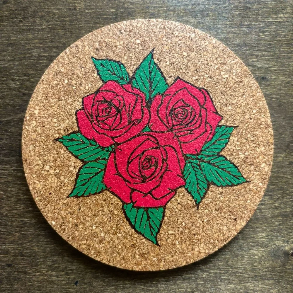 Roses Laser Engraved Painted Cork Coaster